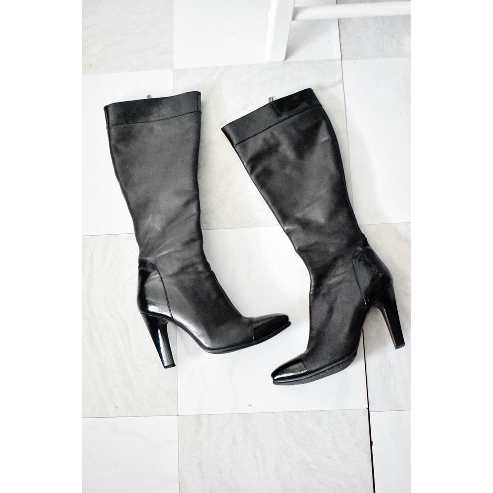 Marco Pini Tall Boots Womens 38 Black Leather Patent Cap Toe Stiletto Italy Y2K